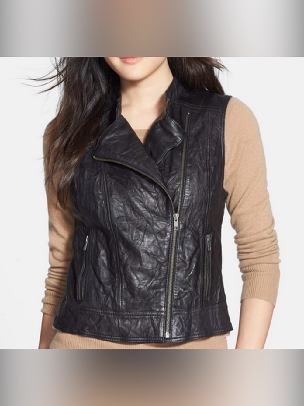 100% Leather Halogen Black Leather Vest with Shearling Trim